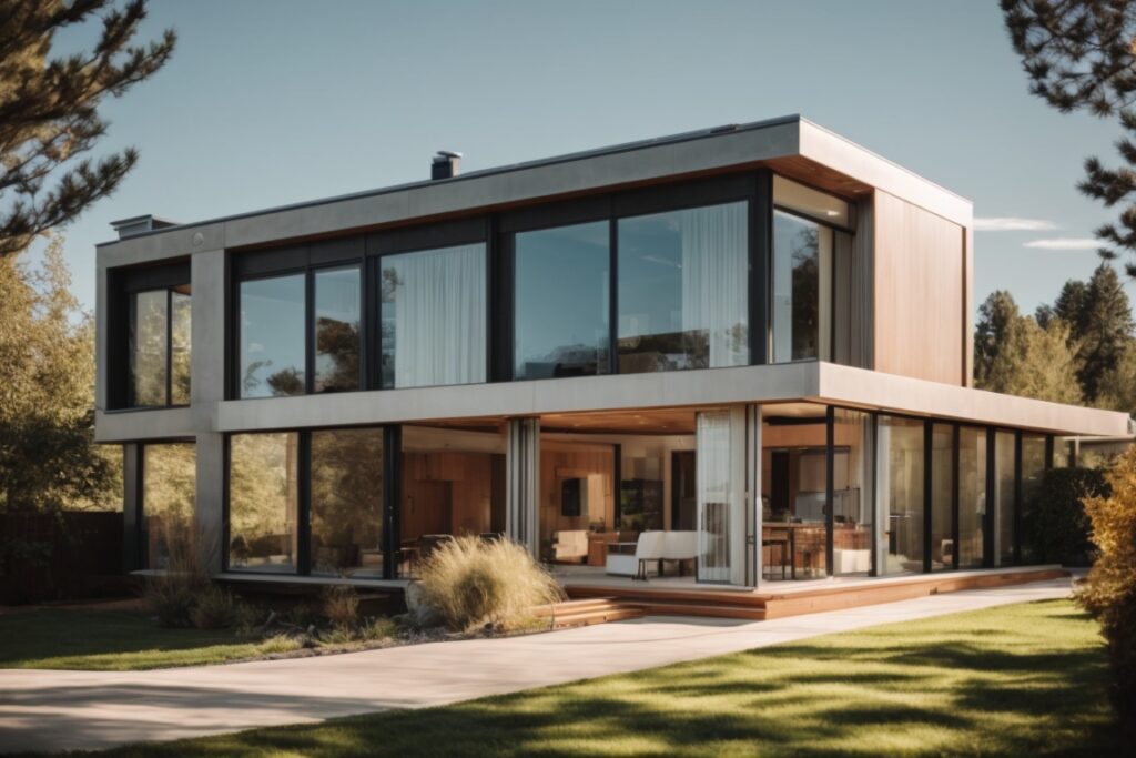 modern home with tinted windows in bright sunlight