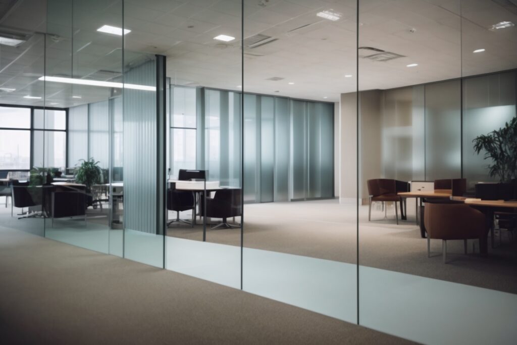 Commercial building with frosted window films, elegant interior office space, energy-efficient lighting
