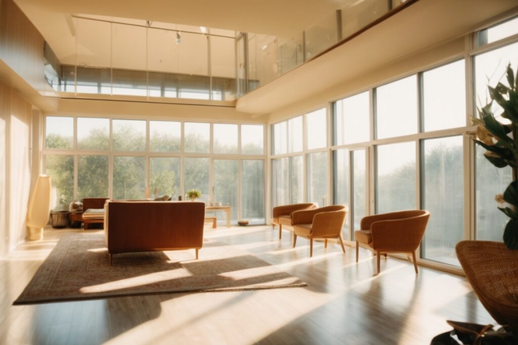 Interior of a home with sunlight filtering through opaque windows, furniture showing no signs of fading