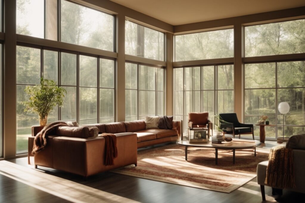 Interior of a home with energy saving window film, sunlight reflecting off surfaces