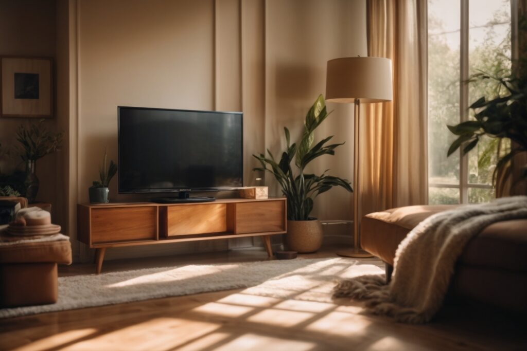 Interior of a home with sunlight causing glare on a television screen