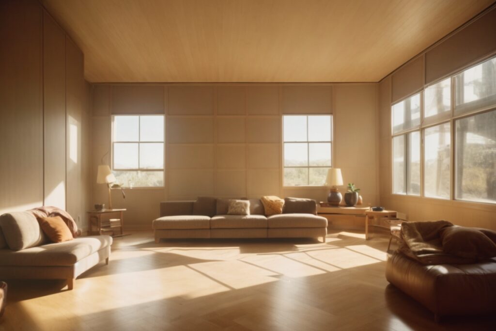 Interior of a sunny room with visible window tint reducing glare