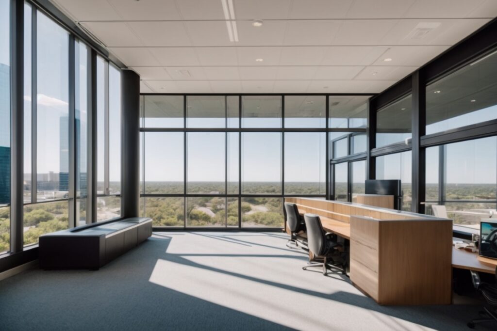 Bright sunny San Antonio office with window tint film reducing glare