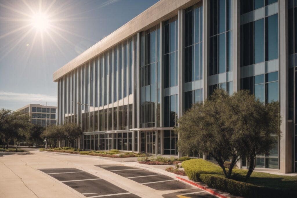 San Antonio office building with tinted windows under bright sun