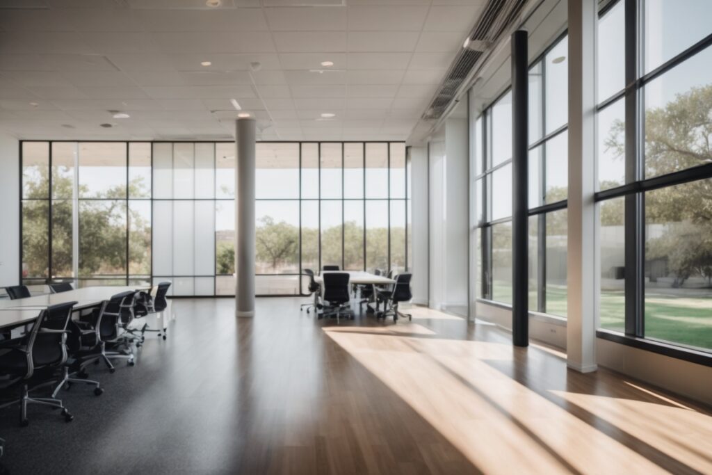 San Antonio office with frosted window films, modern interior design, natural light filtering through