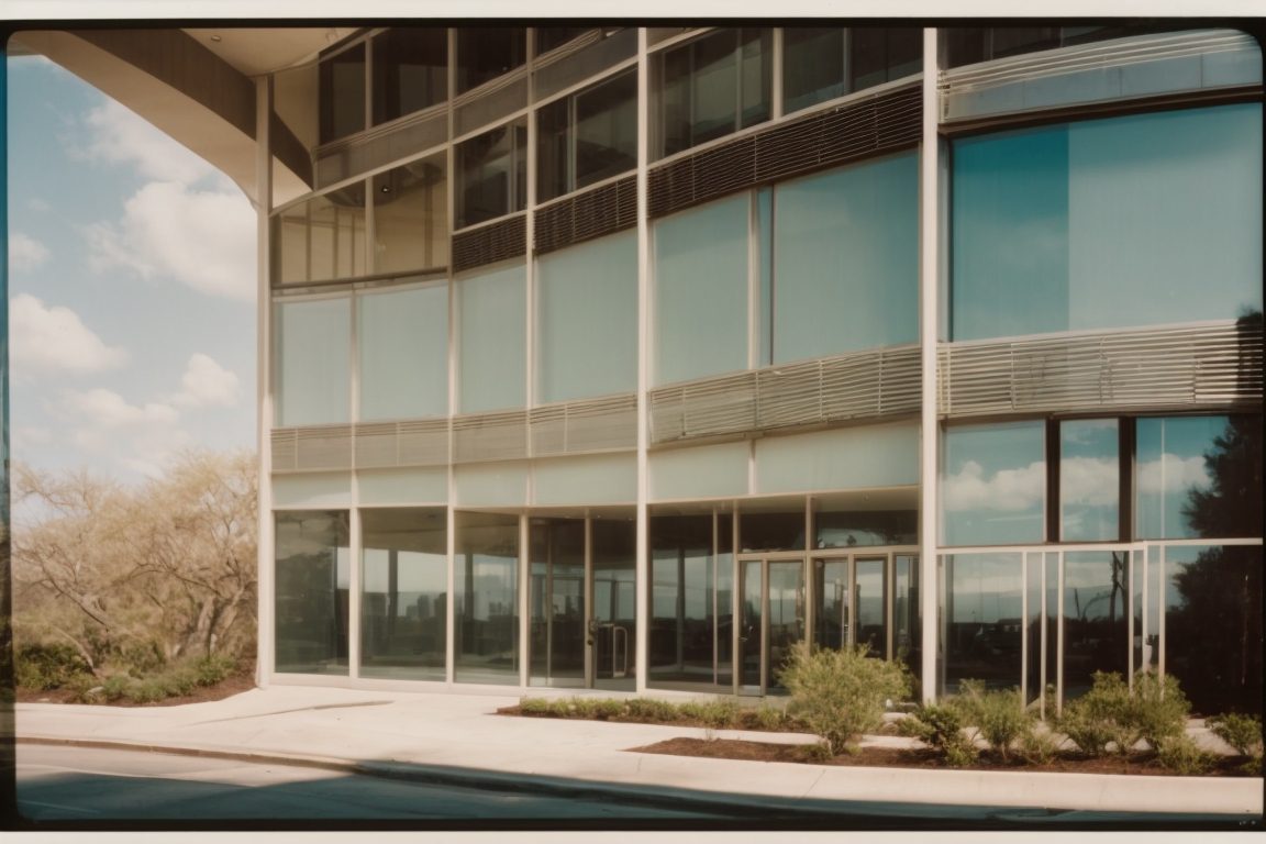 San Antonio office with tinted glass windows, sunny day