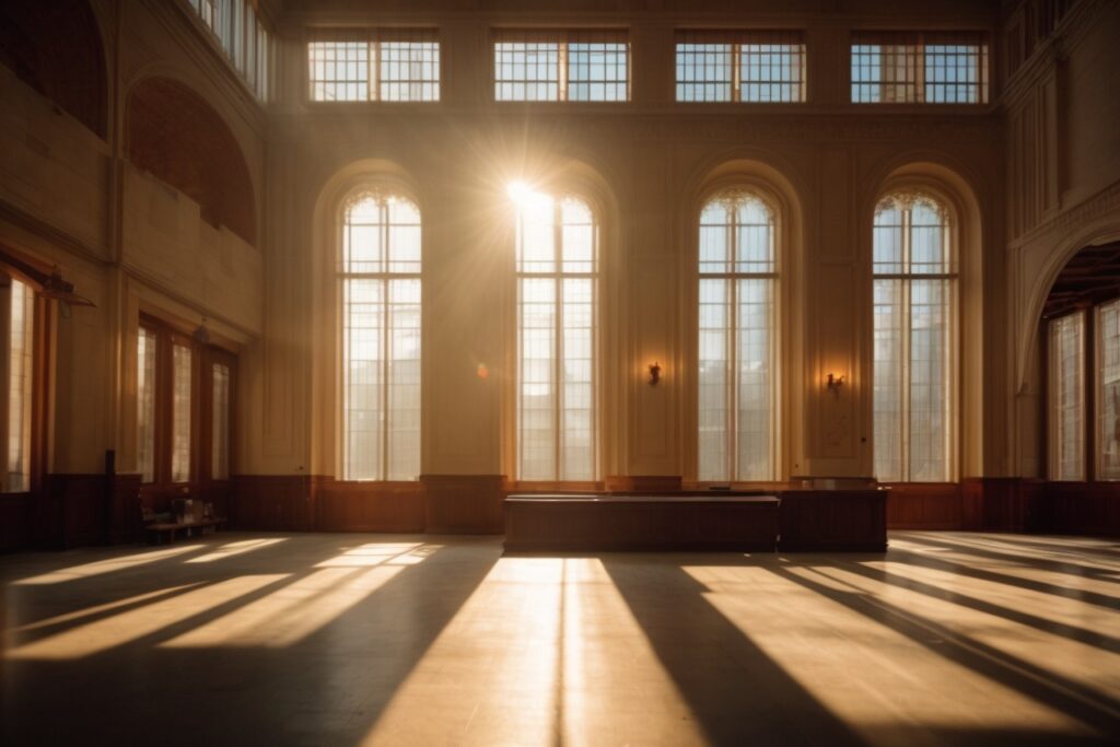 Sunlight filtering through heat control window film in historic building interior