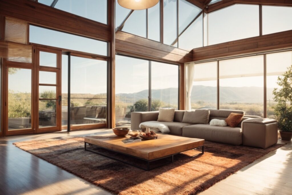 interior of a sunny living room with solar control window film