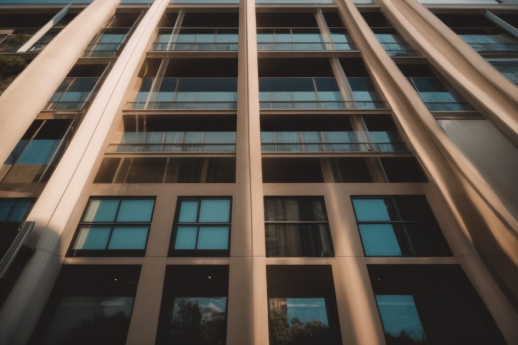 San Antonio commercial building with tinted windows in bright sunshine