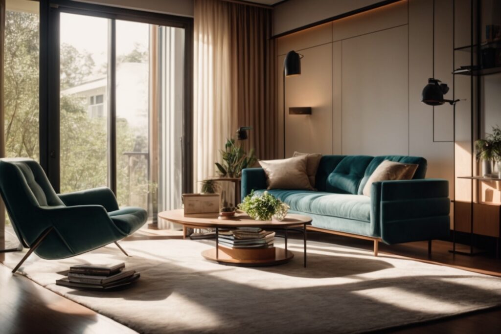 Modern living room with sunlight filtered by glare window film, enhancing privacy and comfort
