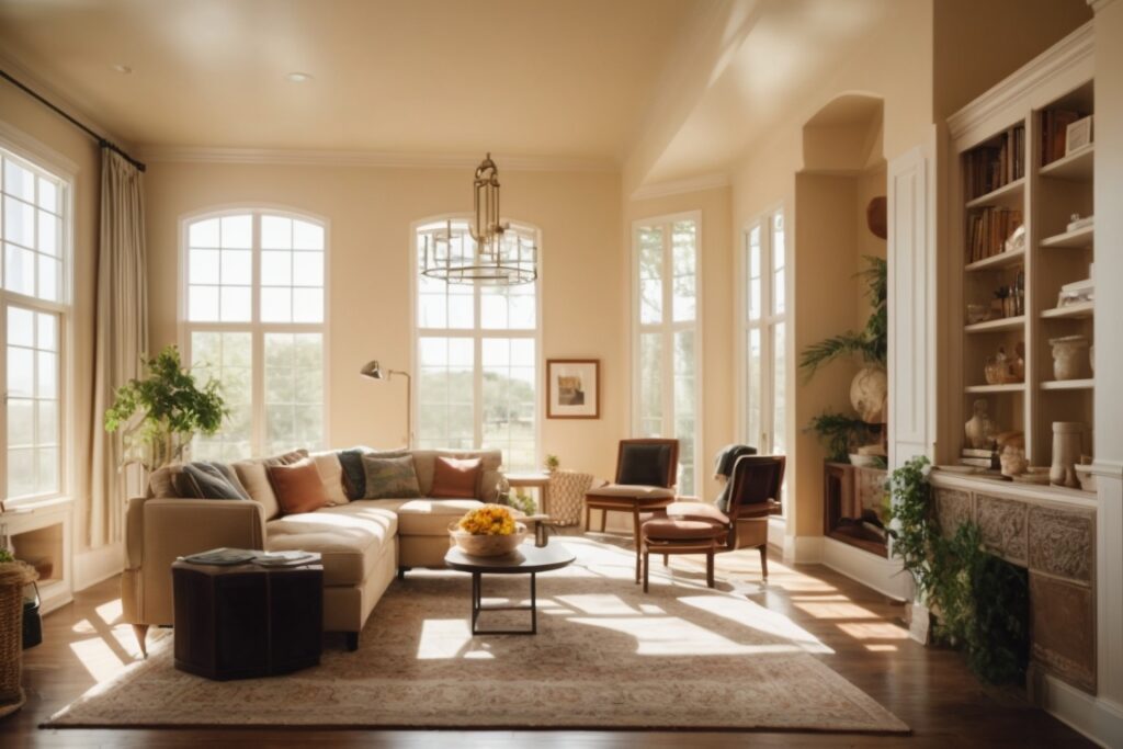 Interior of a sunny San Antonio home with glare on windows