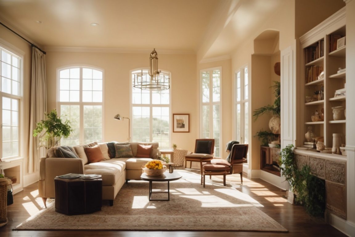 Interior of a sunny San Antonio home with glare on windows