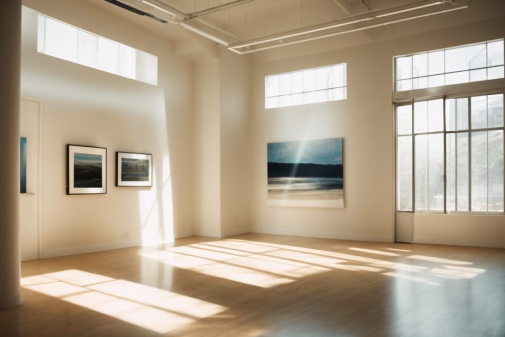 Interior of an art gallery with sunlight streaming through opaque windows