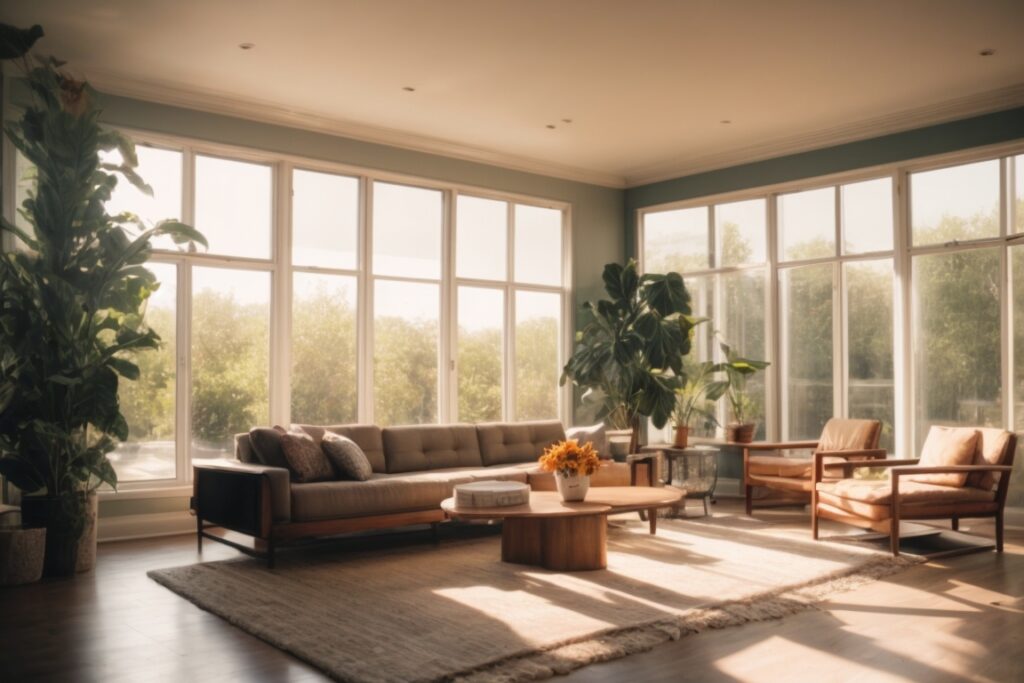 interior of a sunlit living room with faded furniture and UV protective window film
