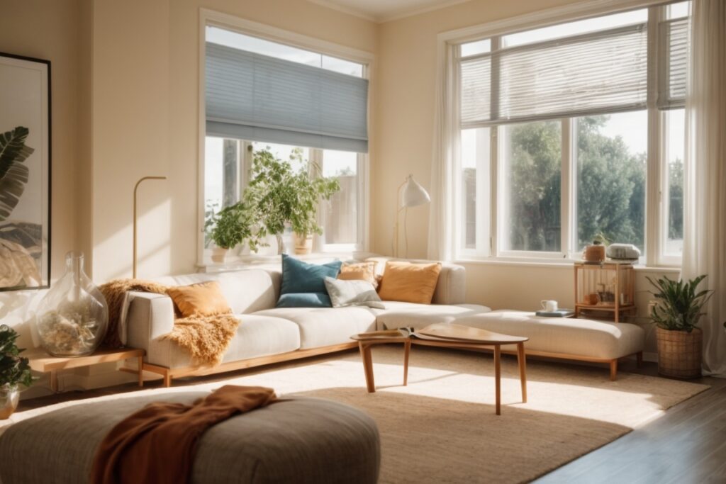 interior of a sunny living room with UV-blocking window film
